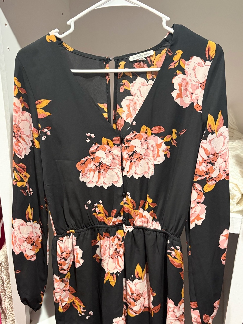 Charlotte Russe Black Floral V-Neck Jumpsuit with Pink & Yellow Blooms